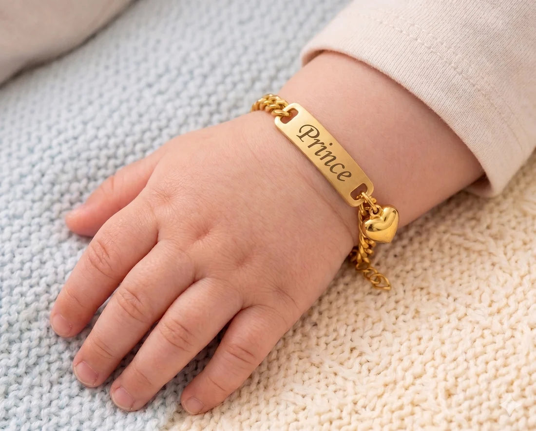 Custom Name Baby Bracelet – Personalized Gold Plated Infant Kada with Heart Charm