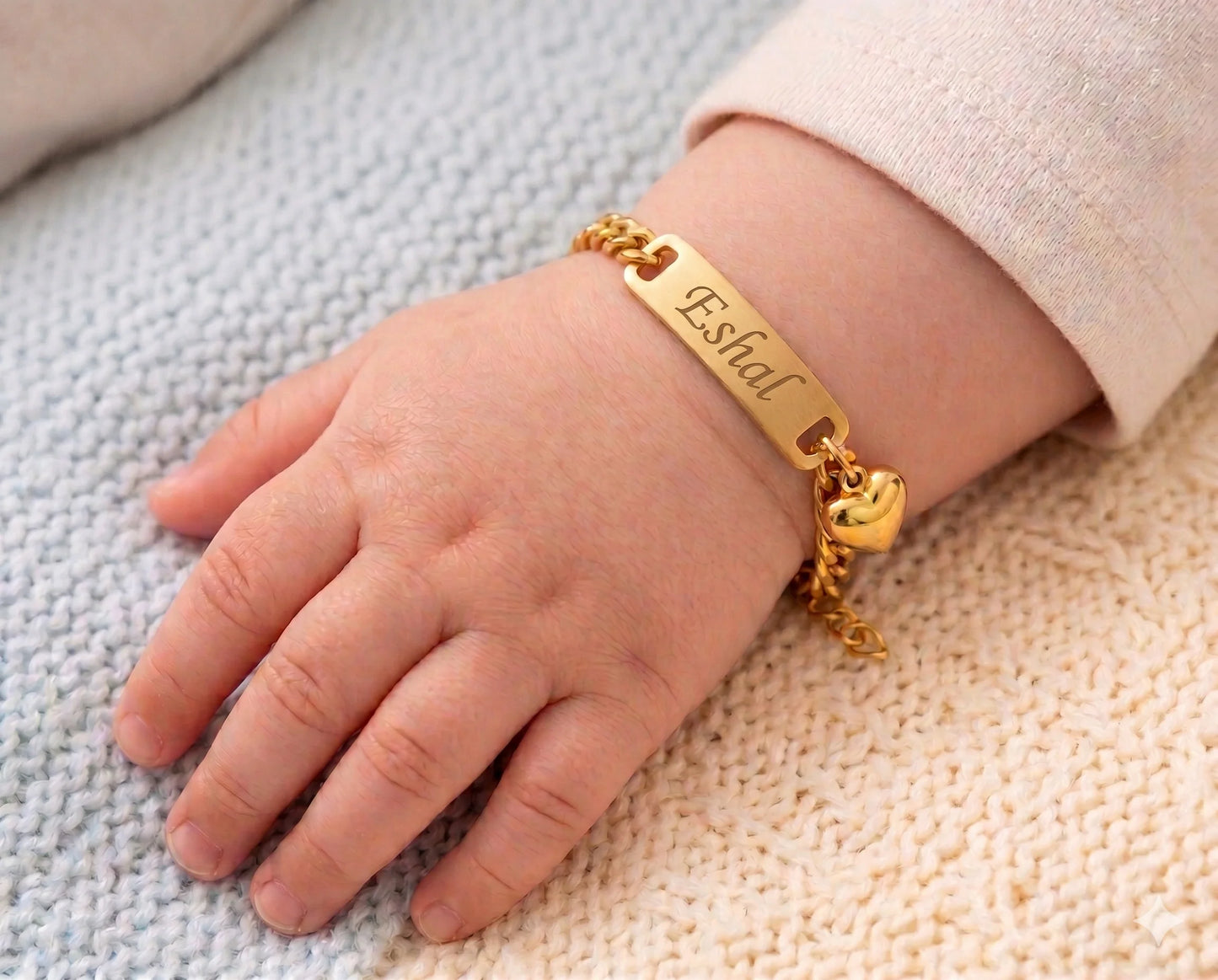 Custom Name Baby Bracelet – Personalized Gold Plated Infant Kada with Heart Charm