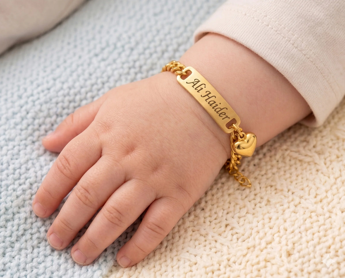 Custom Name Baby Bracelet – Personalized Gold Plated Infant Kada with Heart Charm